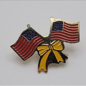 Vintage Double USA Flag‎ with Yellow Ribbon Pin Brooch PushBack Pin